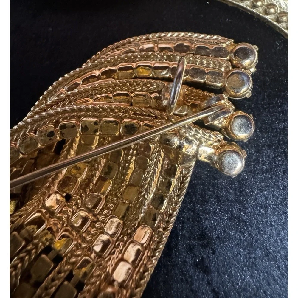 Vintage Gold Tone Waterfall Tassel Brooch Rhinestone Faceted Bead Dangle